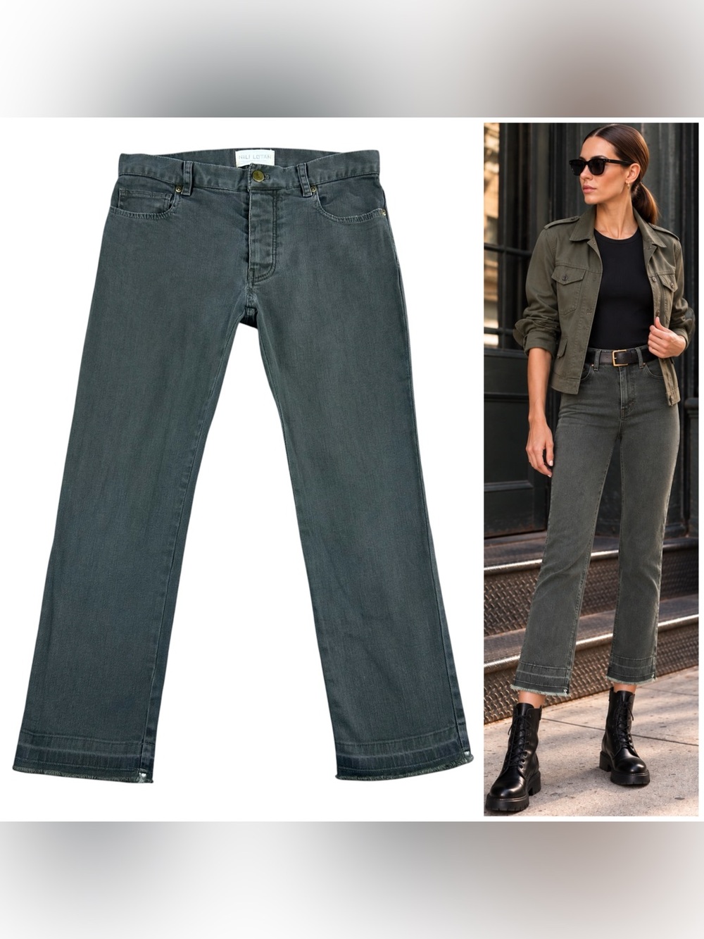 Nili Lotan Straight Leg Jeans 0 Low Rise Military Green Raw Hem Utility Grunge